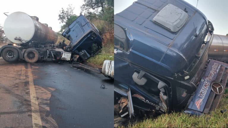 Carreta-tanque perde controle em descida, bate em pedra e derrama óleo na MG-410 em Presidente Olegário