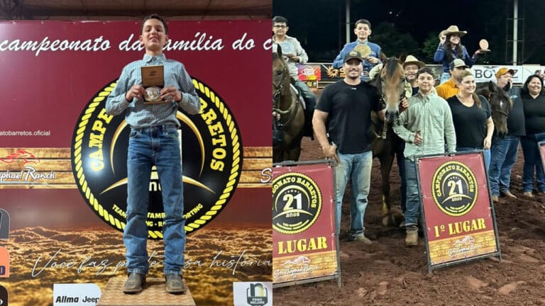 Aos 13 anos, pinheirense Mateus Moura conquista terceira fivela nos Três Tambores em Barretos