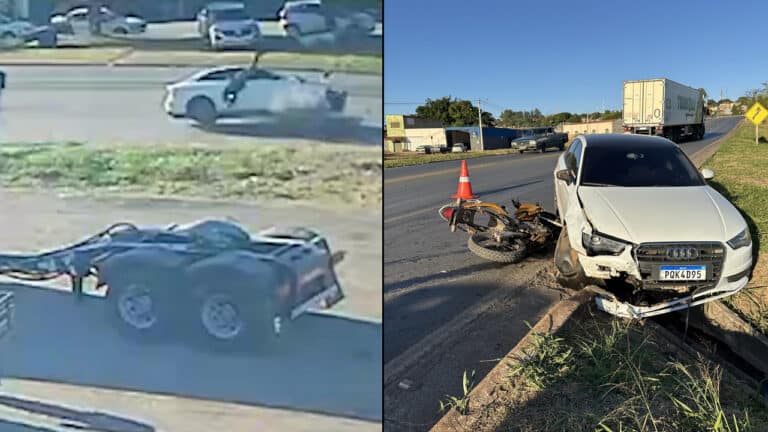 Câmera flagra motociclista fazendo gato na BR-040 e sendo atingido em cheio por carro em João Pinheiro