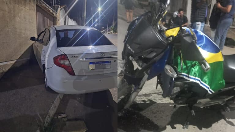 Carro para em cima de calçada após acidente com moto em cruzamento no Esplanada em João Pinheiro