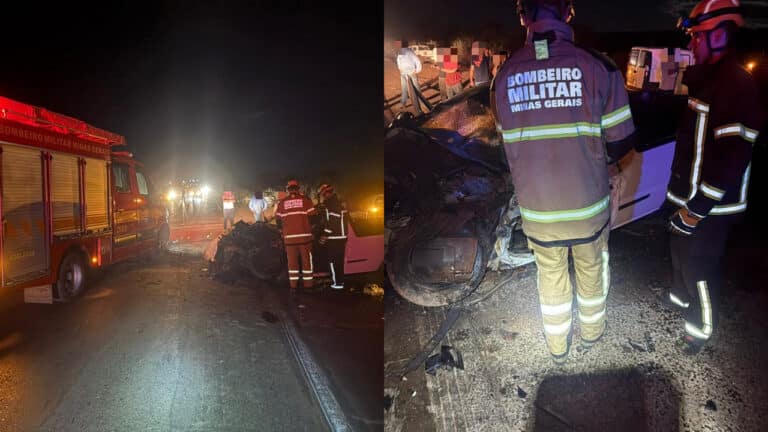 Motorista fica preso às ferragens em gravíssimo acidente entre carro e carreta na BR-365, em Varjão de Minas