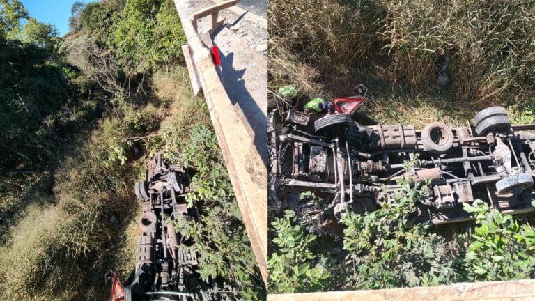 Motorista de carreta prancha perde controle, cai de ponte e fica preso às ferragens na BR-040, em João Pinheiro