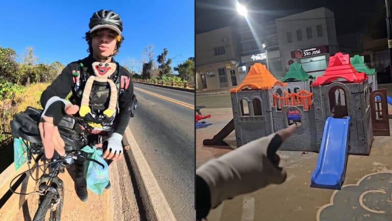 "Hoje minha casa é um castelo", jovem dorme em parquinho na praça de João Pinheiro em viagem de bike rumo ao litoral