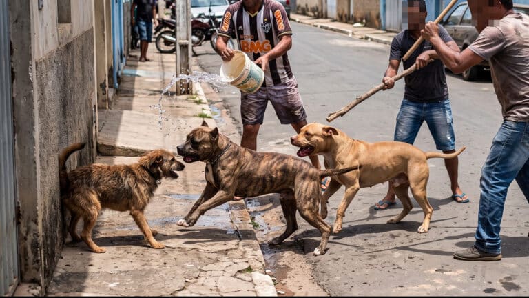 Pit Bulls atacam cachorrinha e policial precisa atirar três vezes para conter os animais em Brasilândia de Minas