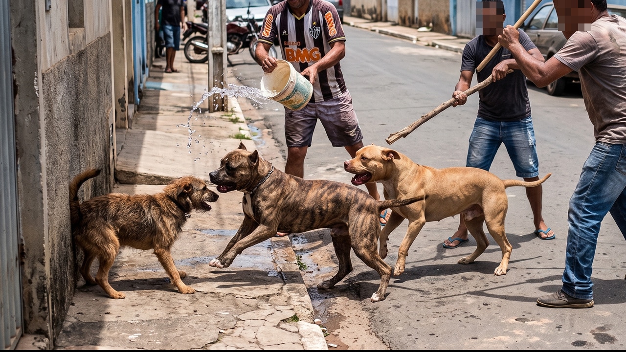 Pit Bulls atacam cachorrinha e policial precisa atirar três vezes para conter os animais em Brasilândia de Minas
