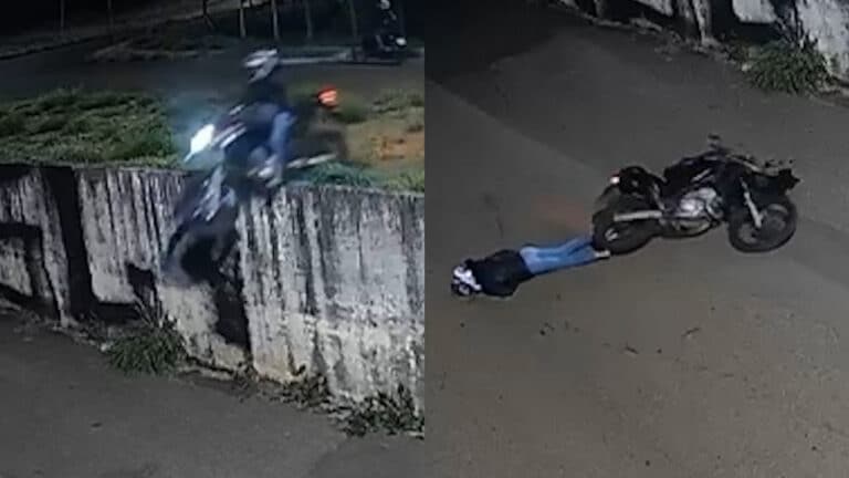 Grave! Jovem perde o controle da moto, cai de 3 metros de altura e fica imóvel em Patos de Minas; veja o vídeo