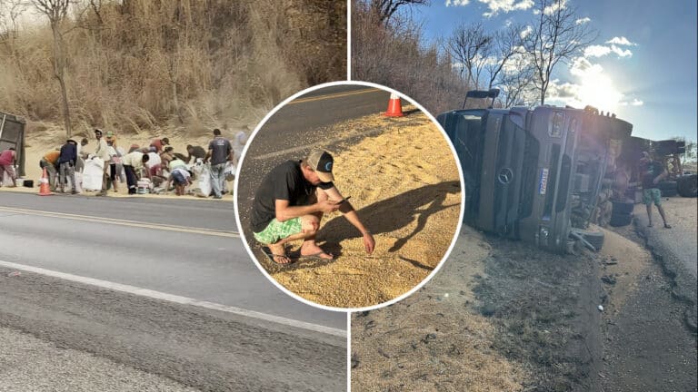 Carreta com 32 toneladas de milho tomba na Serra da COENGE e carga é saqueada em Joao Pinheiro