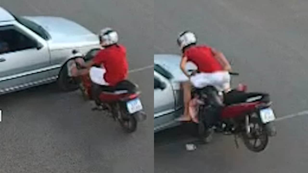 Câmera registra o exato momento da batida entre moto e carro no Centro de João Pinheiro, veja o vídeo