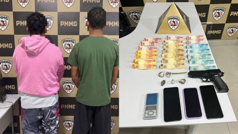 Dois são presos por tráfico após apreensão de maconha, balança e arma falsa no Cais em João Pinheiro