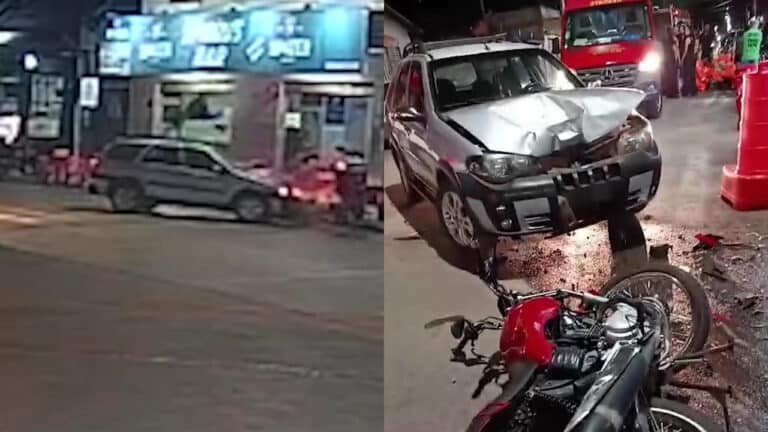 Câmera flagra motociclista voando após bater de frente com carro no Esplanada em João Pinheiro