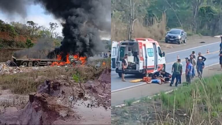 Motorista preso às ferragens é salvo por populares após carreta de cerâmica sair de pista e pegar fogo em João Pinheiro
