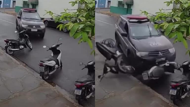 Policial civil perde o controle da viatura, atinge quatro motos estacionadas e bate em árvore em Minas Gerais