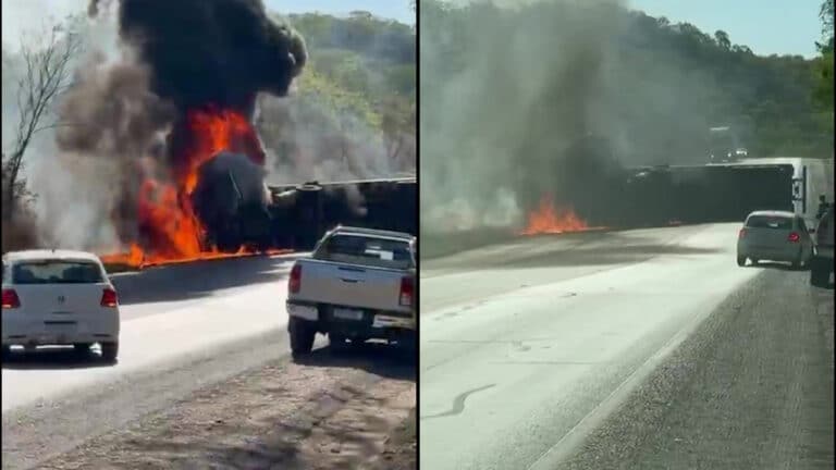 URGENTE! Carreta é consumidas pelas chamas e bloqueia faixas na BR-040 próximo a COENGE em João Pinheiro