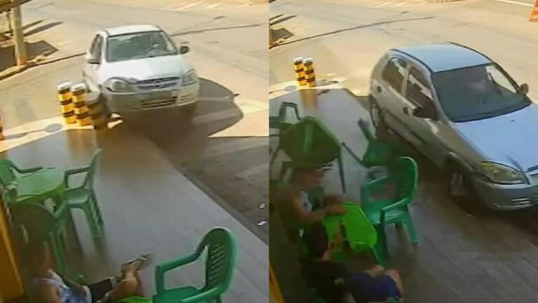 Vídeo: motorista sem CNH confunde freio com acelerador, sobe na calçada e quase atropela clientes de pamonharia