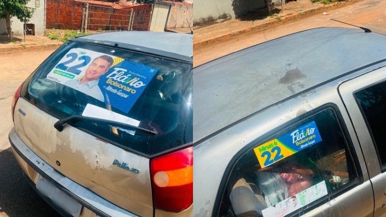 Carro com adesivos de Flávio Bolsonaro é danificado com líquido corrosivo em Presidente Olegário