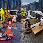 Condutor resgatado das ferragens após colisão tripla na BR-040